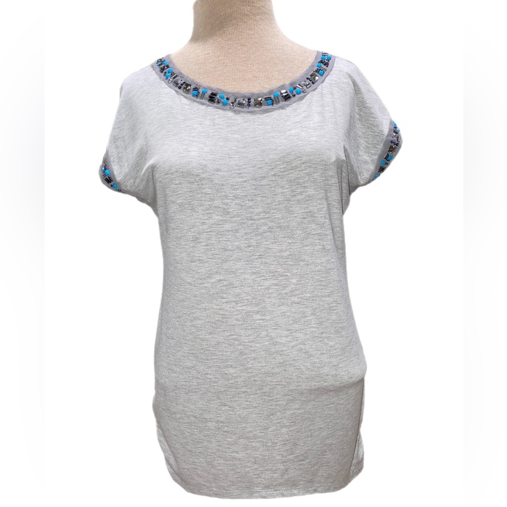 White House Black Market Jeweled Grey Tee with Open Back size Small